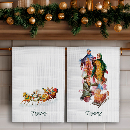 Набор полотенец вафельных Зимние забавы "Федоскино" 40х70